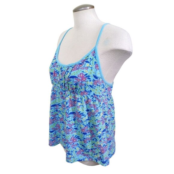 Womens Y2K Babydoll Cami Top Size L Blue Flowers Flamingos Dainty Cottage Fairy - Picture 4 of 7